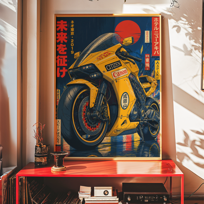 Affiche Moto Cyberpunk | Futuristic Yellow Bike & Neo Tokyo