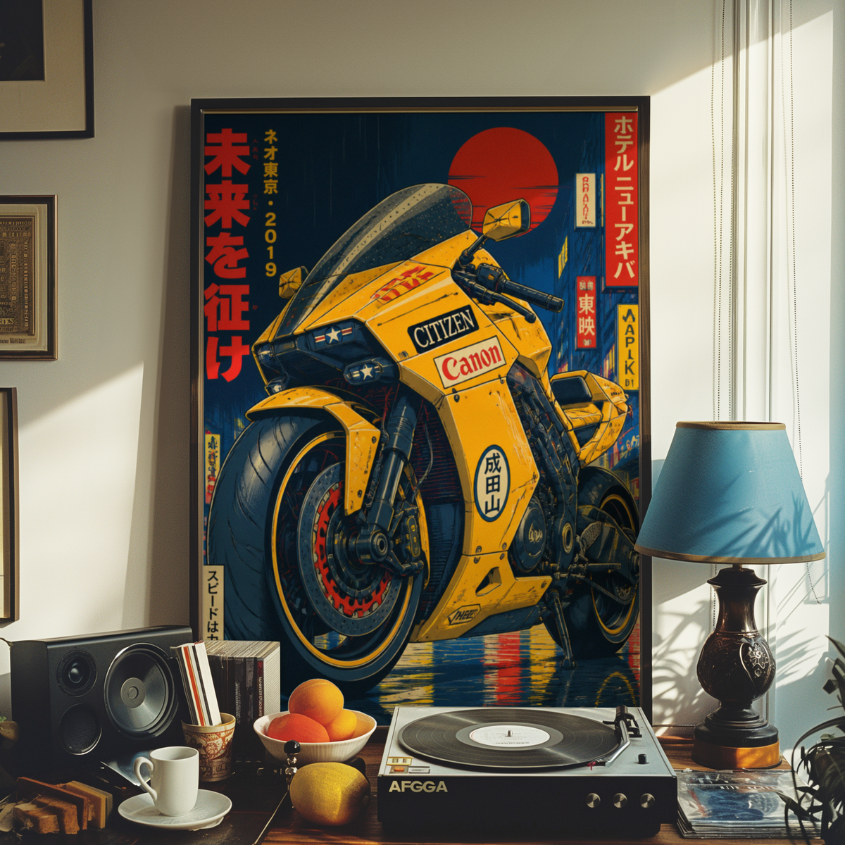 Affiche Moto Cyberpunk | Futuristic Yellow Bike & Neo Tokyo