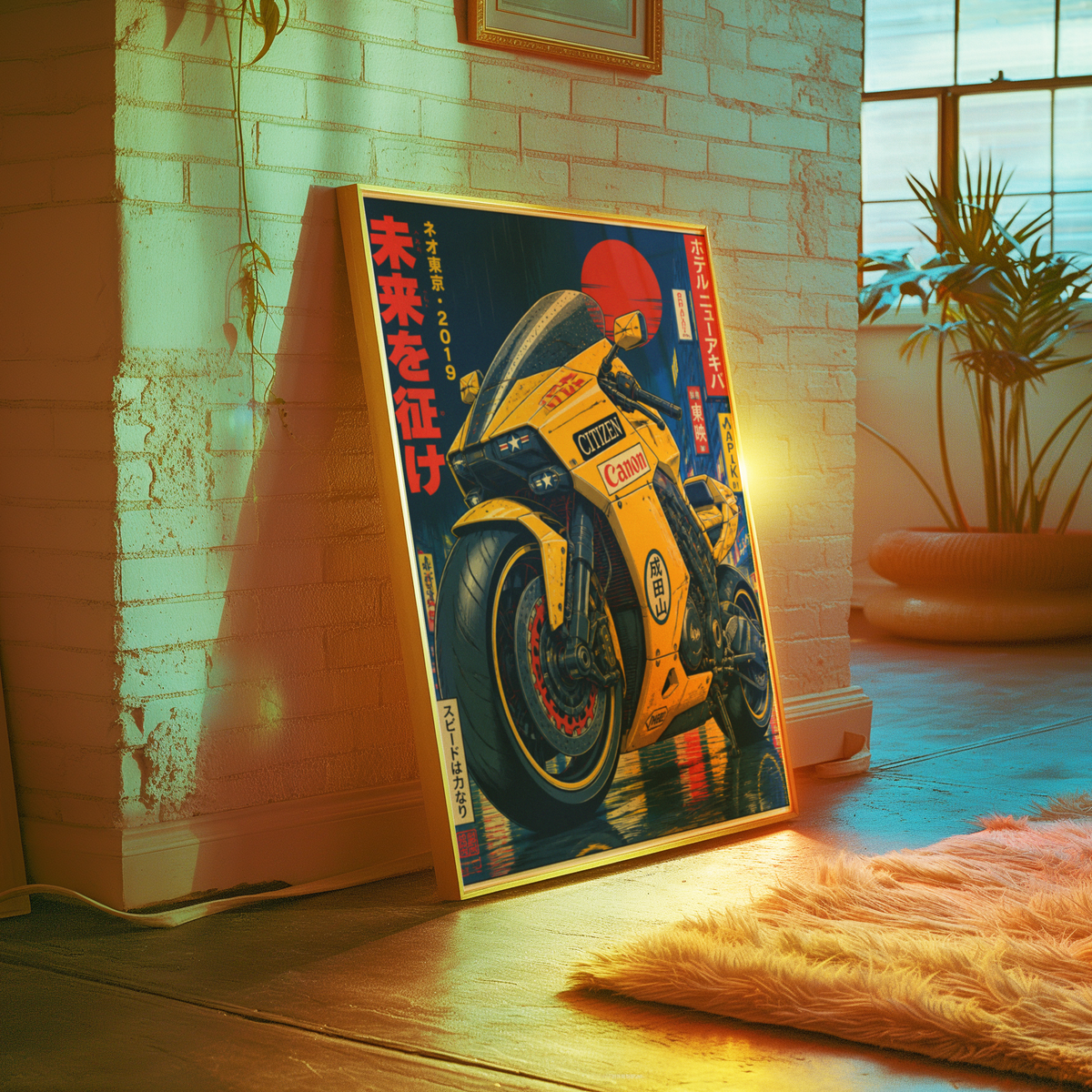 Affiche Moto Cyberpunk | Futuristic Yellow Bike & Neo Tokyo