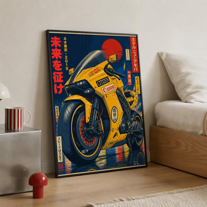 Affiche Moto Cyberpunk | Futuristic Yellow Bike & Neo Tokyo