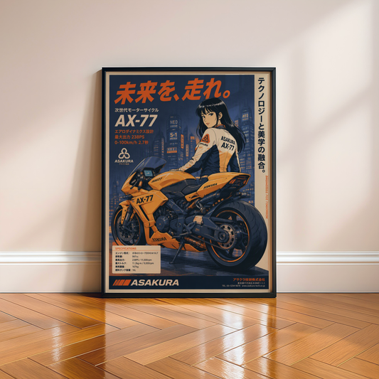 Affiche Moto Cyberpunk | AX-77 Futuriste & Neo Tokyo