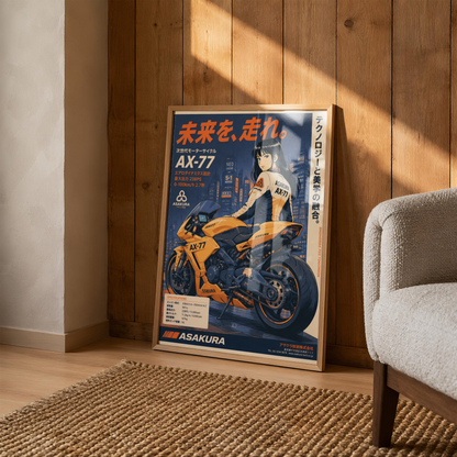 Affiche Moto Cyberpunk | AX-77 Futuriste & Neo Tokyo