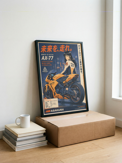 Affiche Moto Cyberpunk | AX-77 Futuriste & Neo Tokyo