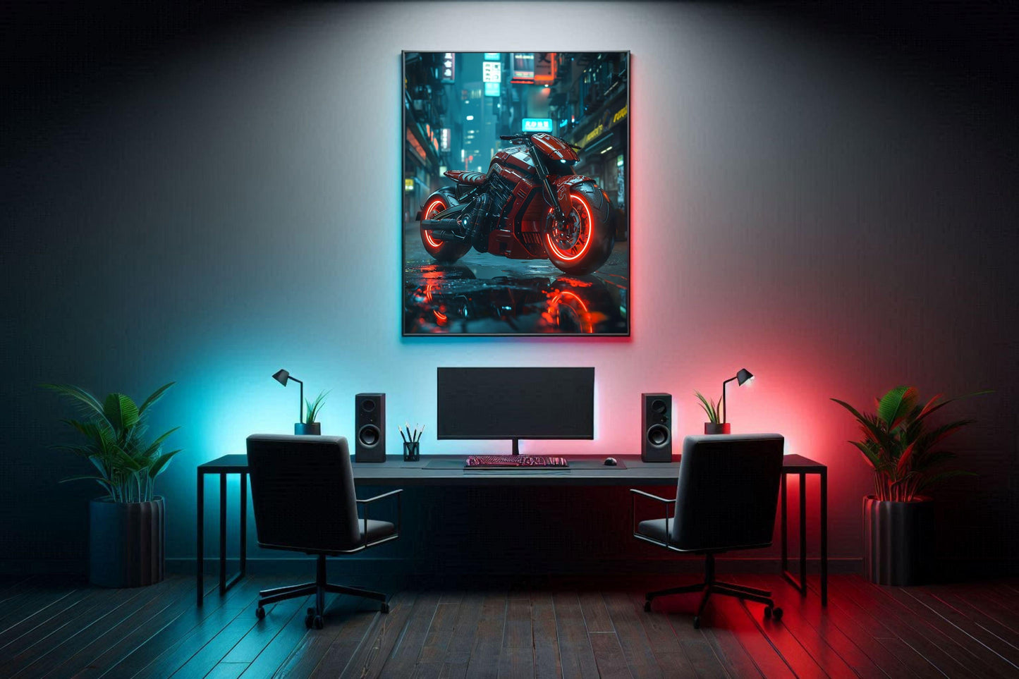 🏍️🏁🔧 Moto Cyberpunk Série futuriste #️⃣19  - (Affiche encadrée métal) - Aura Studio Déco