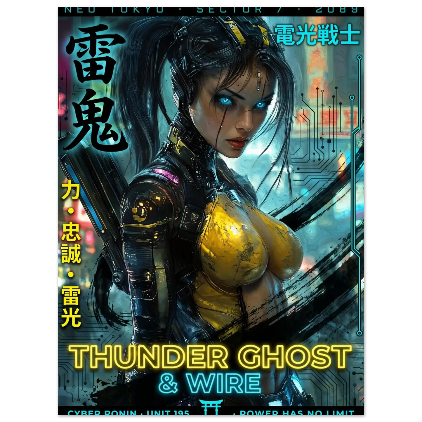 ☣️🧬 Série limitée Art Cyberpunk - Poster Cybergirl Thunder Ghost - Aura Studio Déco