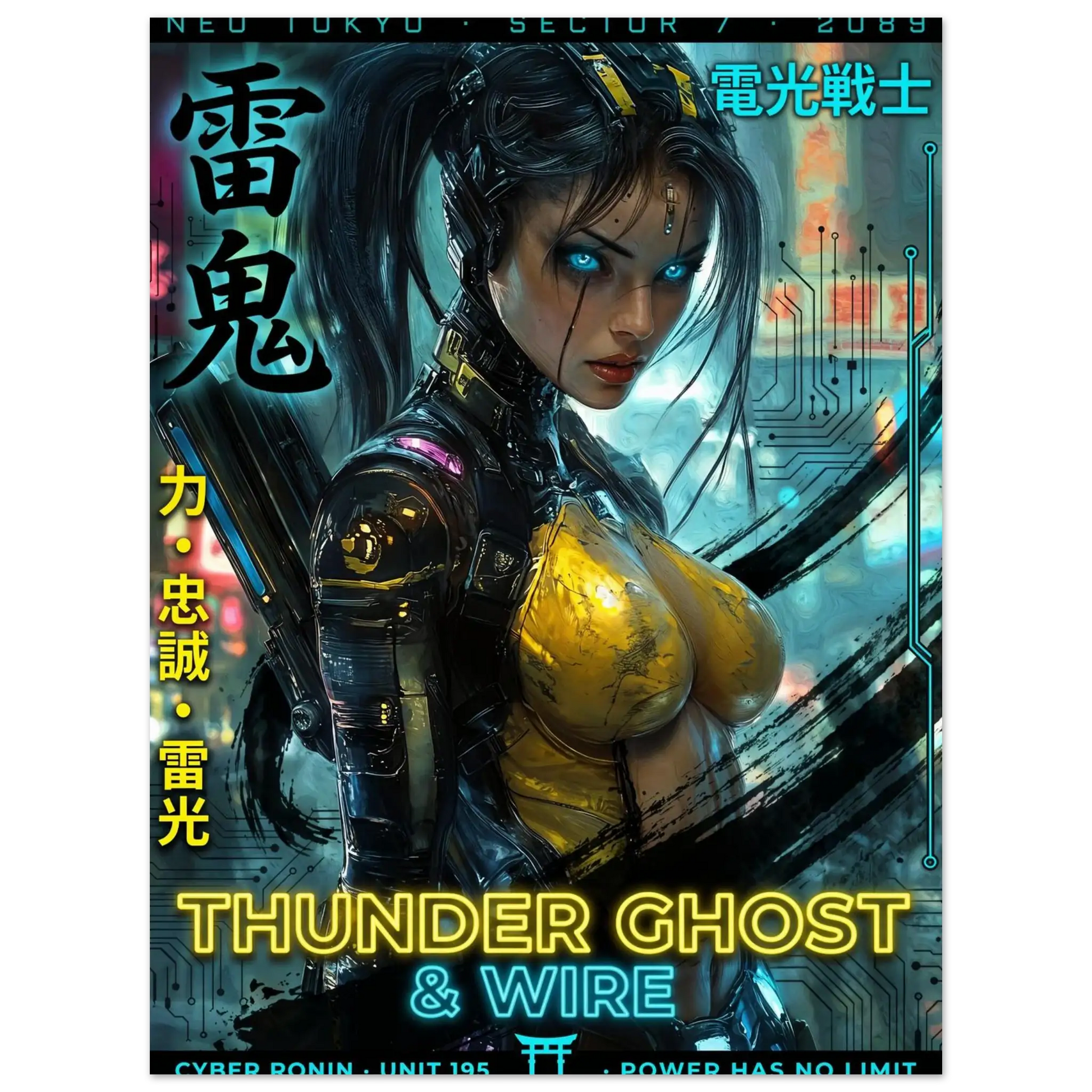 ☣️🧬 Série limitée Art Cyberpunk - Poster Cybergirl Thunder Ghost - Aura Studio Déco