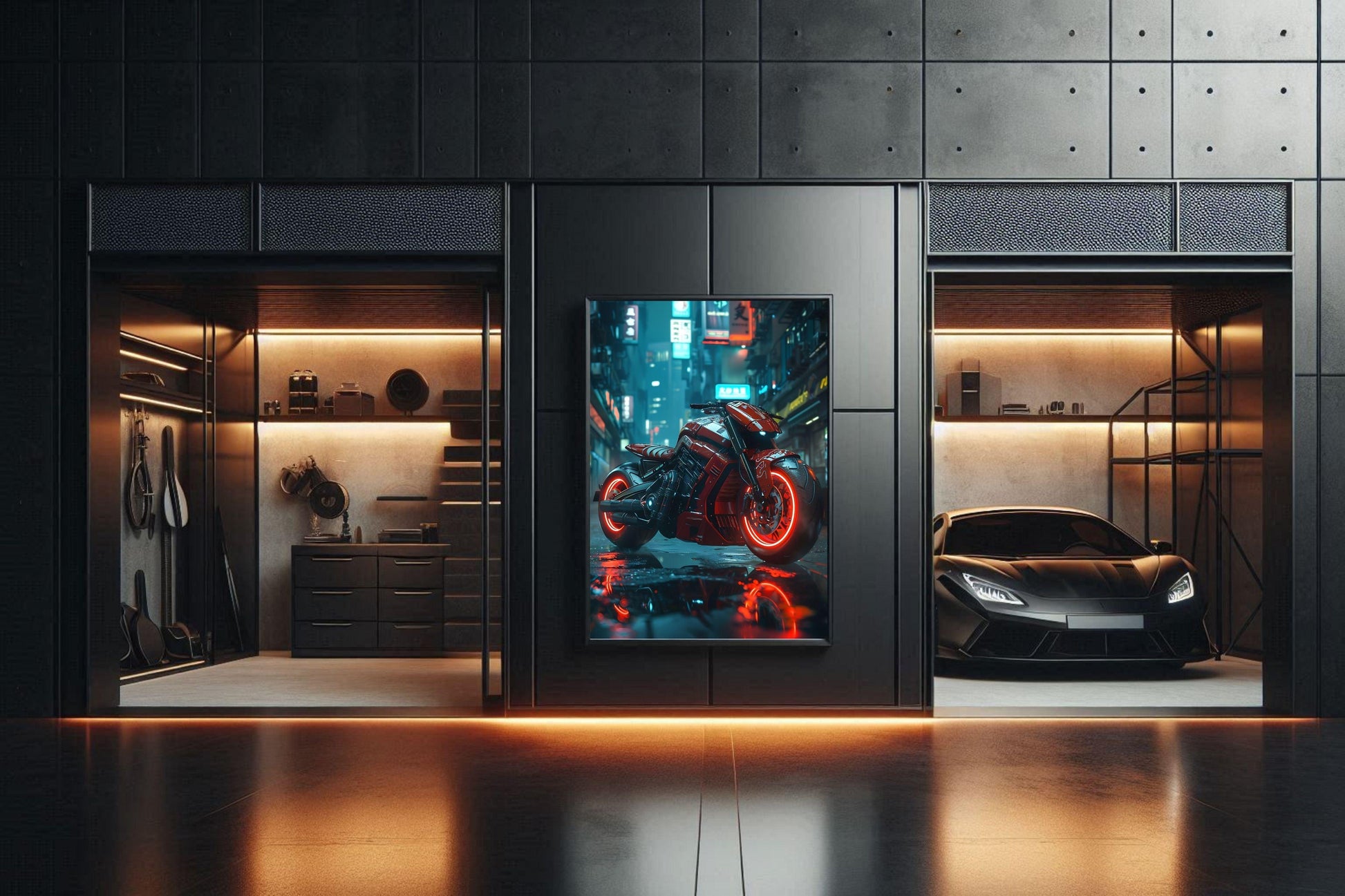🏍️🏁🔧 Moto Cyberpunk Série futuriste #️⃣19  - (Affiche encadrée métal) - Aura Studio Déco