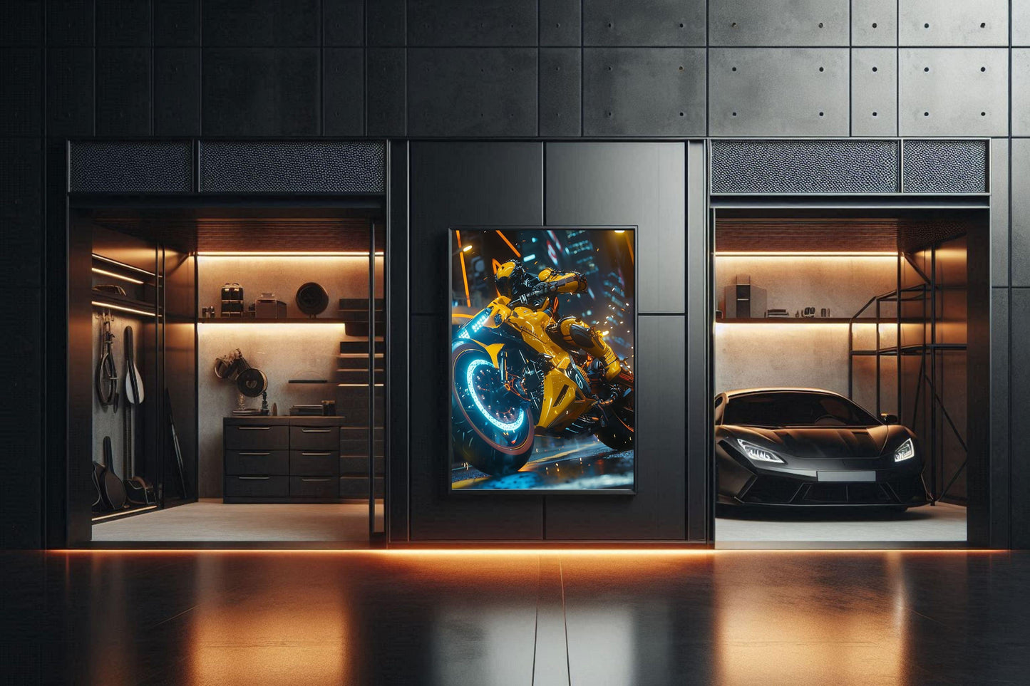 🏍️🏁🔧 Moto Cyberpunk Série futuriste #️⃣14  - (Affiche encadrée métal) - Aura Studio Déco
