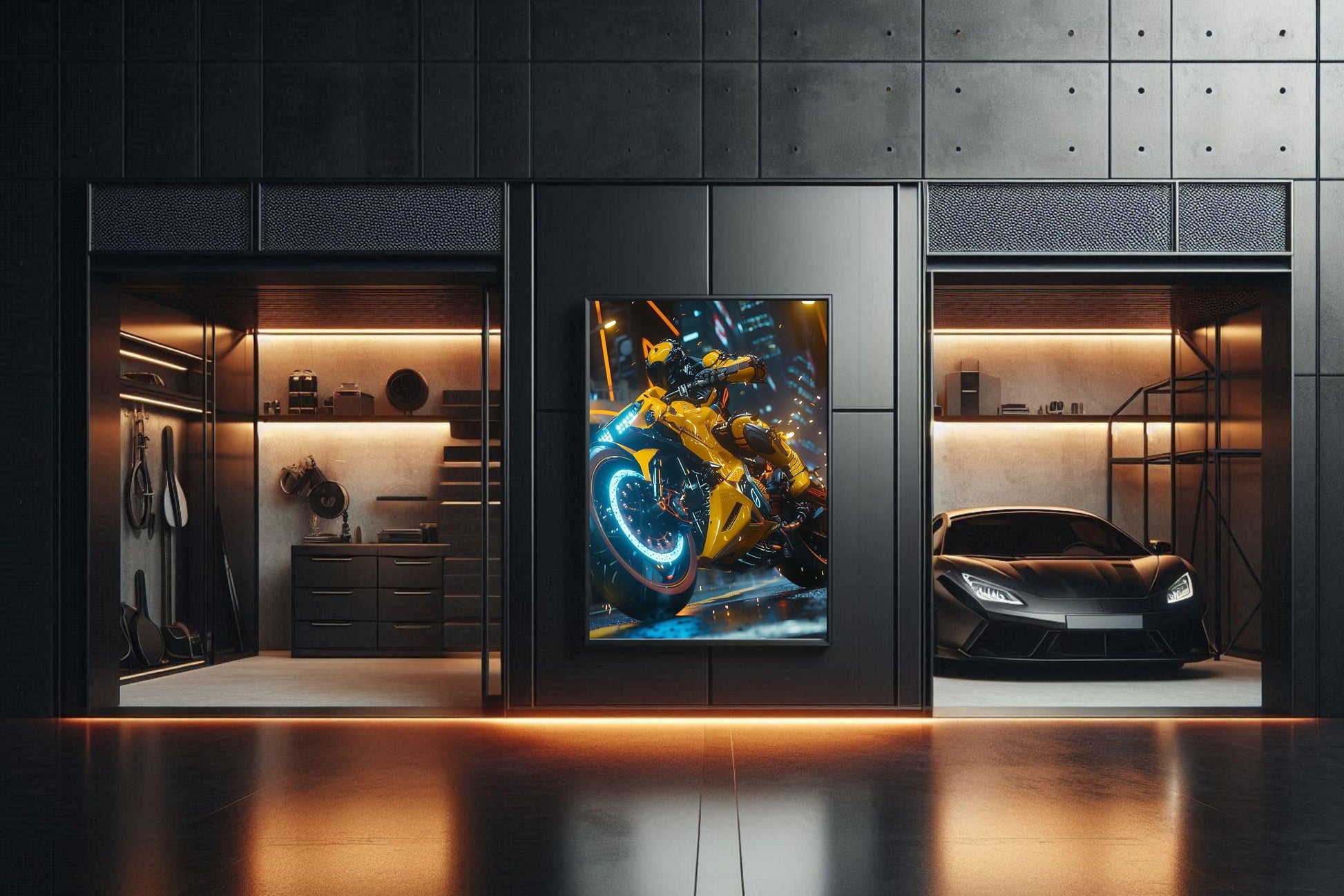 🏍️🏁🔧 Moto Cyberpunk Série futuriste #️⃣14  - (Affiche encadrée métal) - Aura Studio Déco