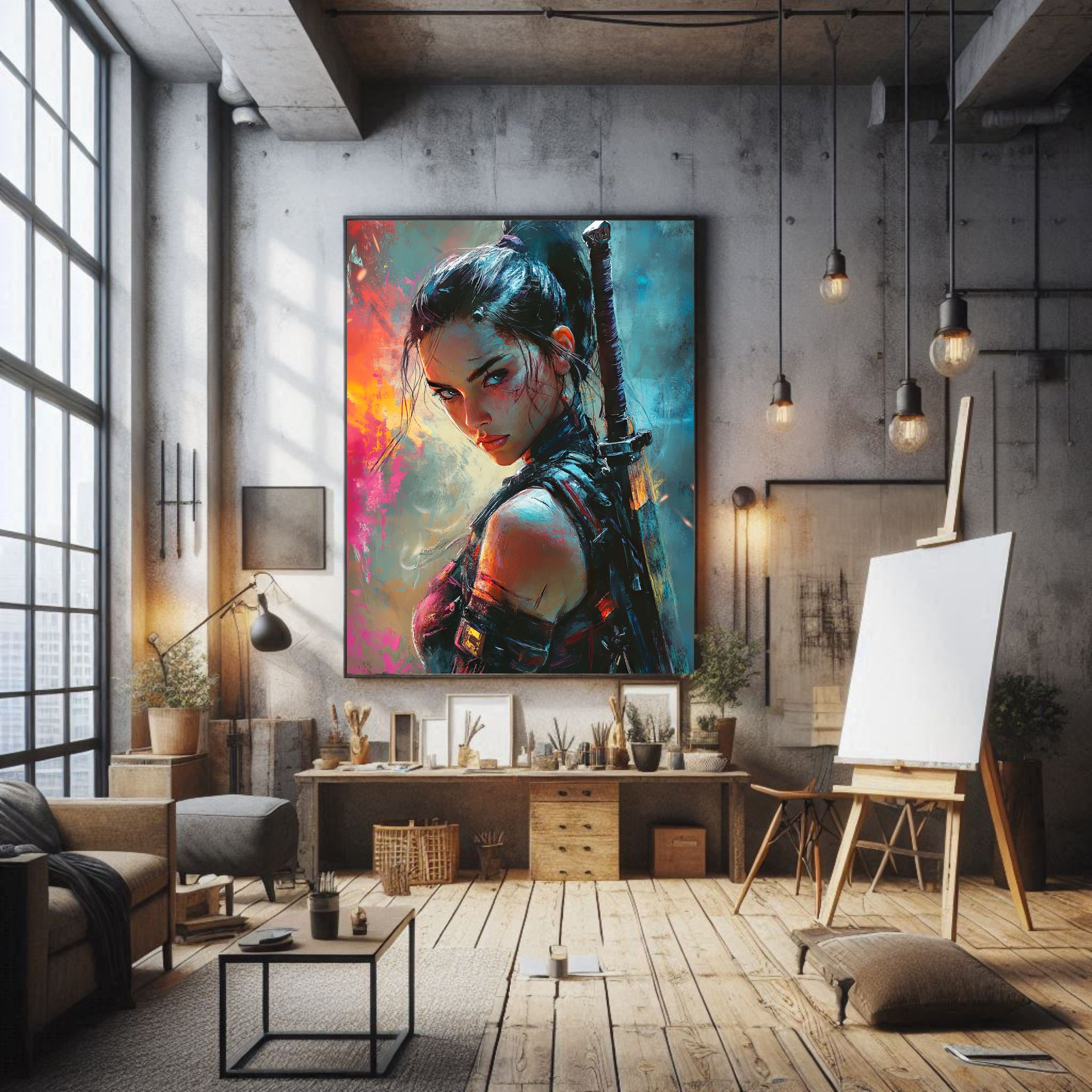 Modern loft living room with large cyberpunk art poster of a female warrior on the wall