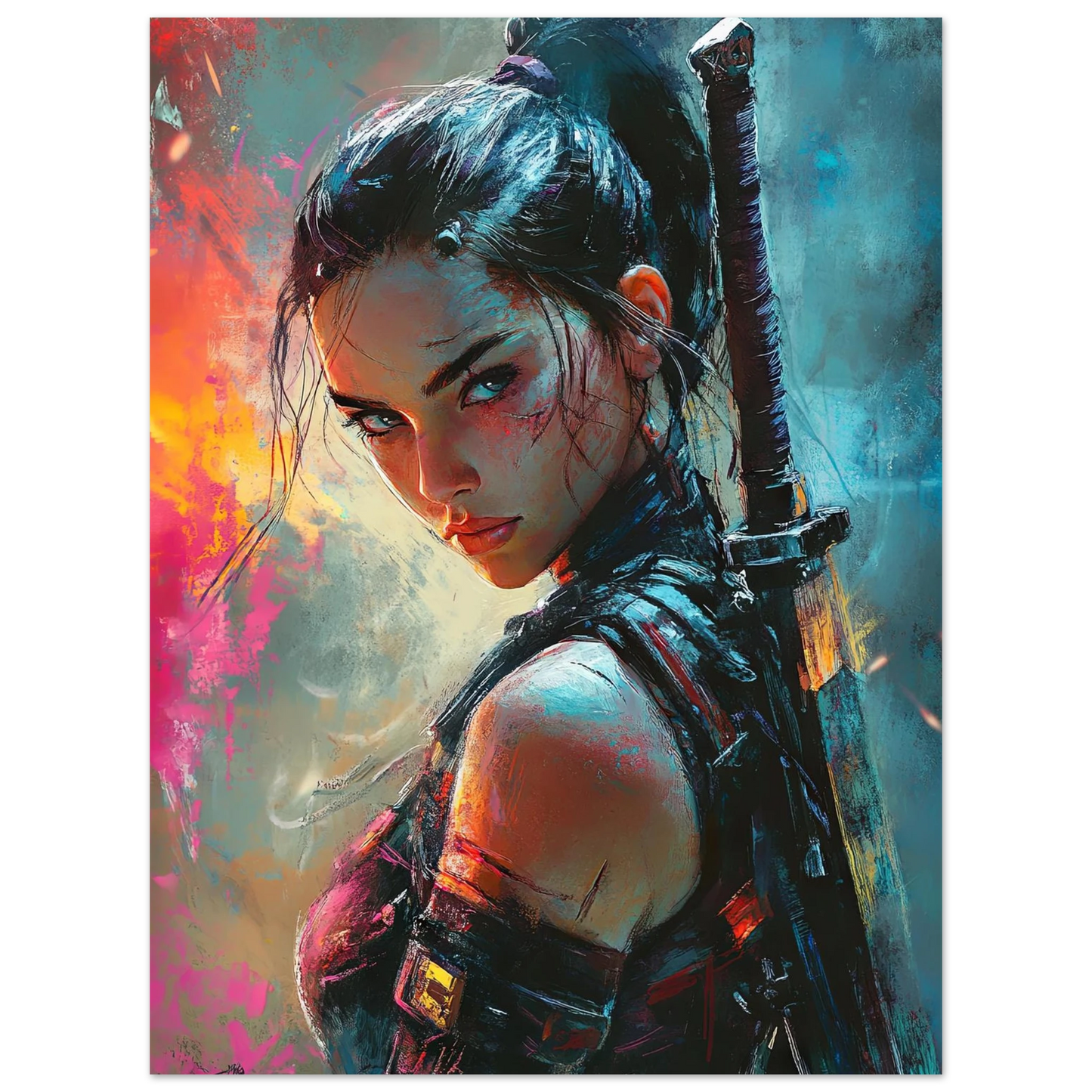 Cyber Girl #39 poster: A fierce young woman warrior with a katana, battle scars, and tactical gear, set in a vibrant cyberpunk backdrop.