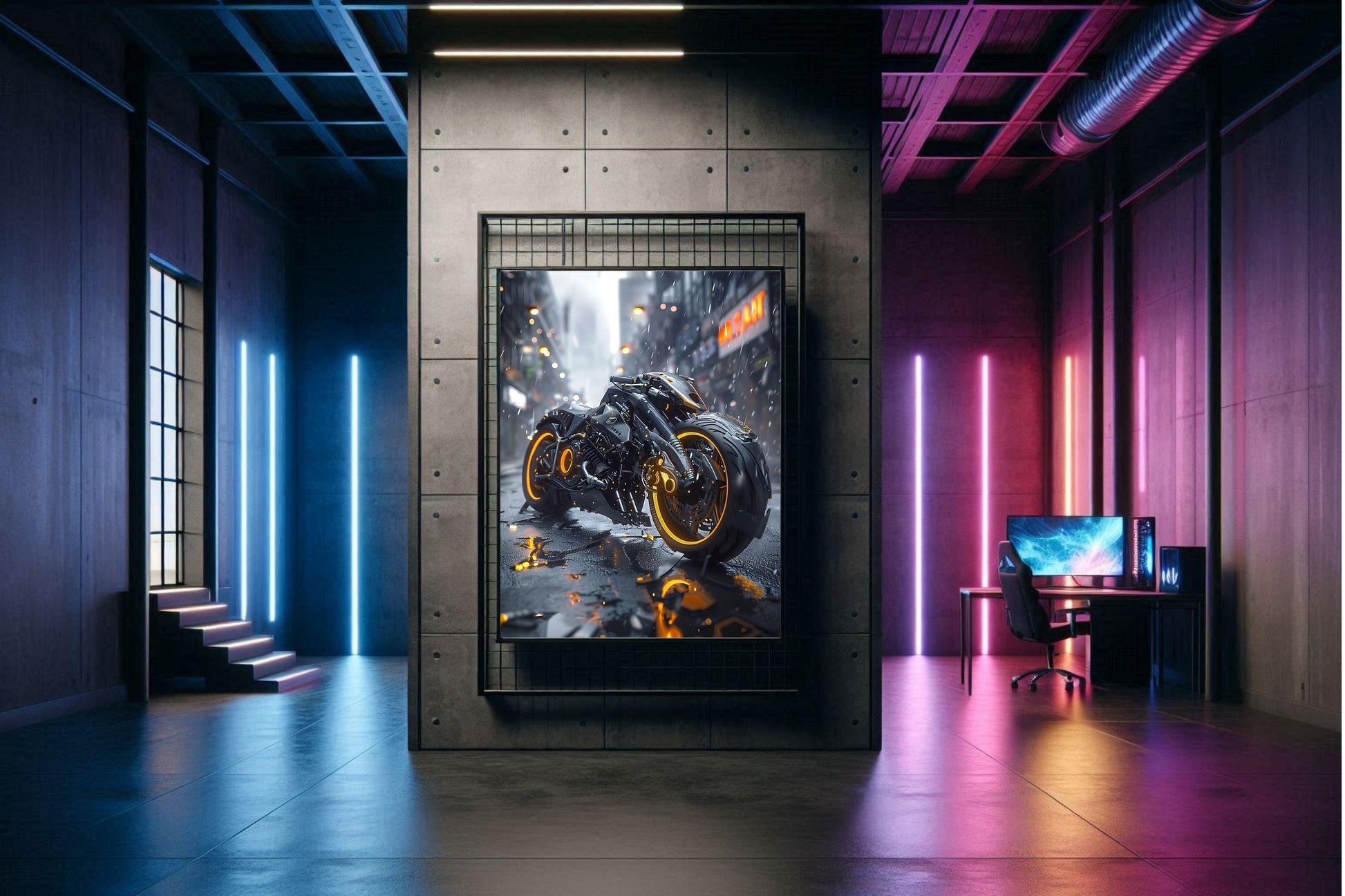 🏍️🏁🔧 Moto Cyberpunk Série futuriste #️⃣8  - (Affiche encadrée métal) - Aura Studio Déco