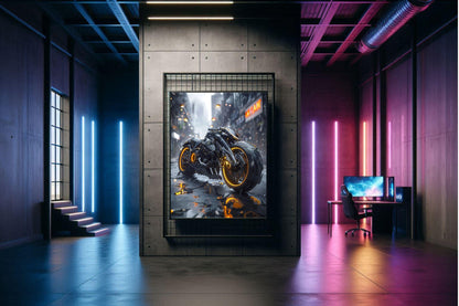 🏍️🏁🔧 Moto Cyberpunk Série futuriste #️⃣8  - (Affiche encadrée métal) - Aura Studio Déco