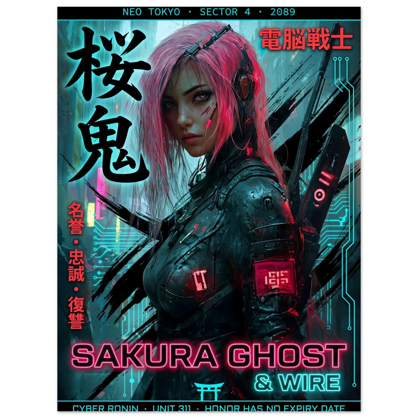☣️🧬 Série limitée Art Cyberpunk - Poster Cybergirl Sakura Ghost - Aura Studio Déco
