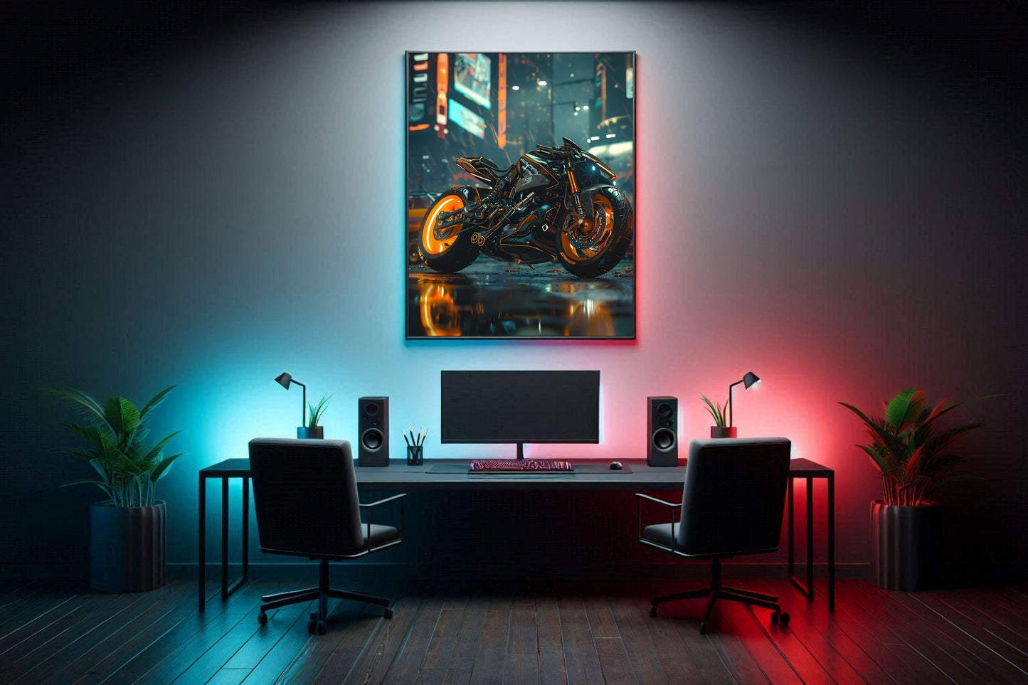 🏍️🏁🔧 Moto Cyberpunk Série futuriste #️⃣18  - (Affiche encadrée métal) - Aura Studio Déco