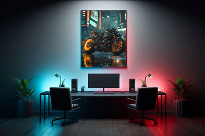 🏍️🏁🔧 Moto Cyberpunk Série futuriste #️⃣18  - (Affiche encadrée métal) - Aura Studio Déco