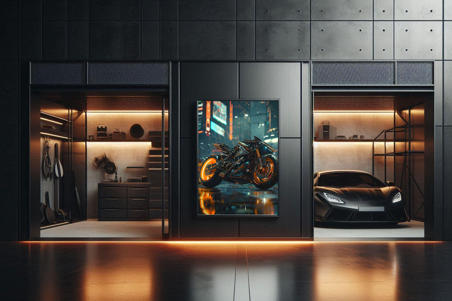🏍️🏁🔧 Moto Cyberpunk Série futuriste #️⃣18  - (Affiche encadrée métal) - Aura Studio Déco