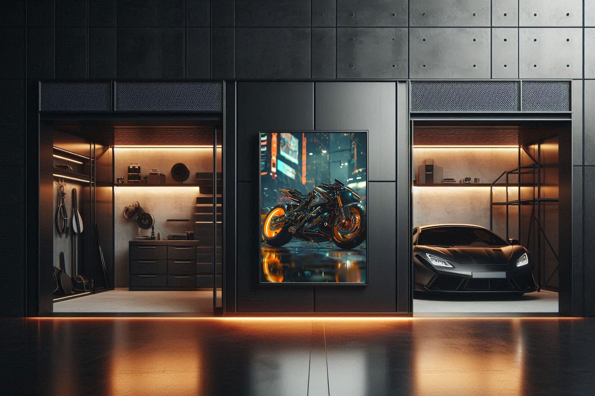 🏍️🏁🔧 Moto Cyberpunk Série futuriste #️⃣18  - (Affiche encadrée métal) - Aura Studio Déco