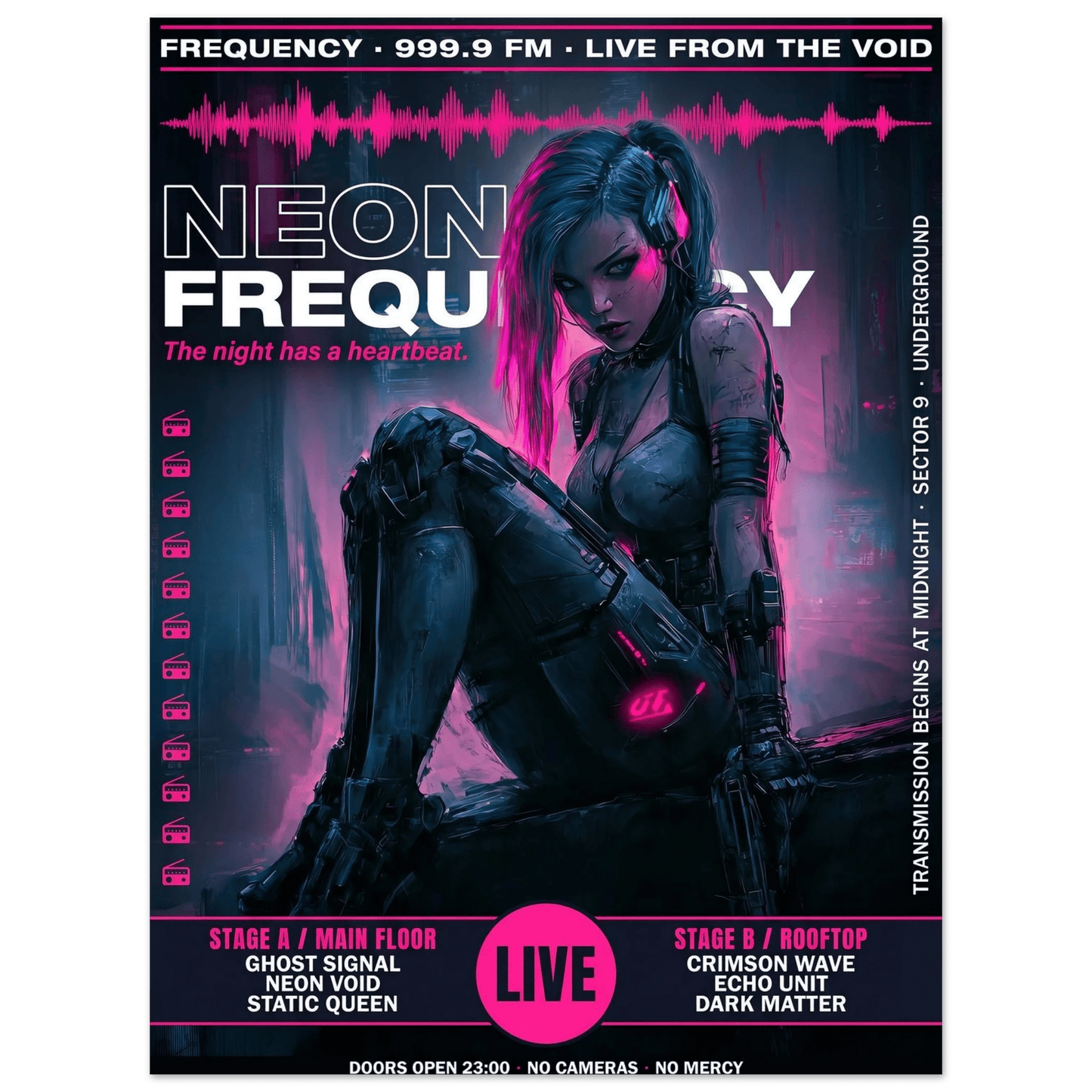 ☣️🧬 Série limitée Art Cyberpunk - Poster Cybergirl Neon Frequency - Aura Studio Déco