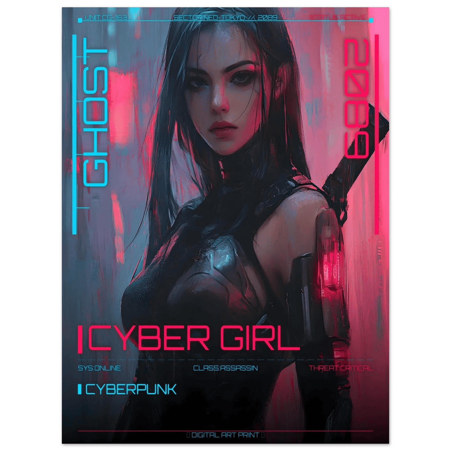 ☣️ Série limitée Art Cyberpunk - Poster Cybergirl Ghost Assassin - Aura Studio Déco