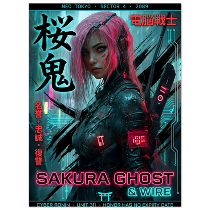 ☣️🧬 Série limitée Art Cyberpunk - Poster Cybergirl Sakura Ghost - Aura Studio Déco