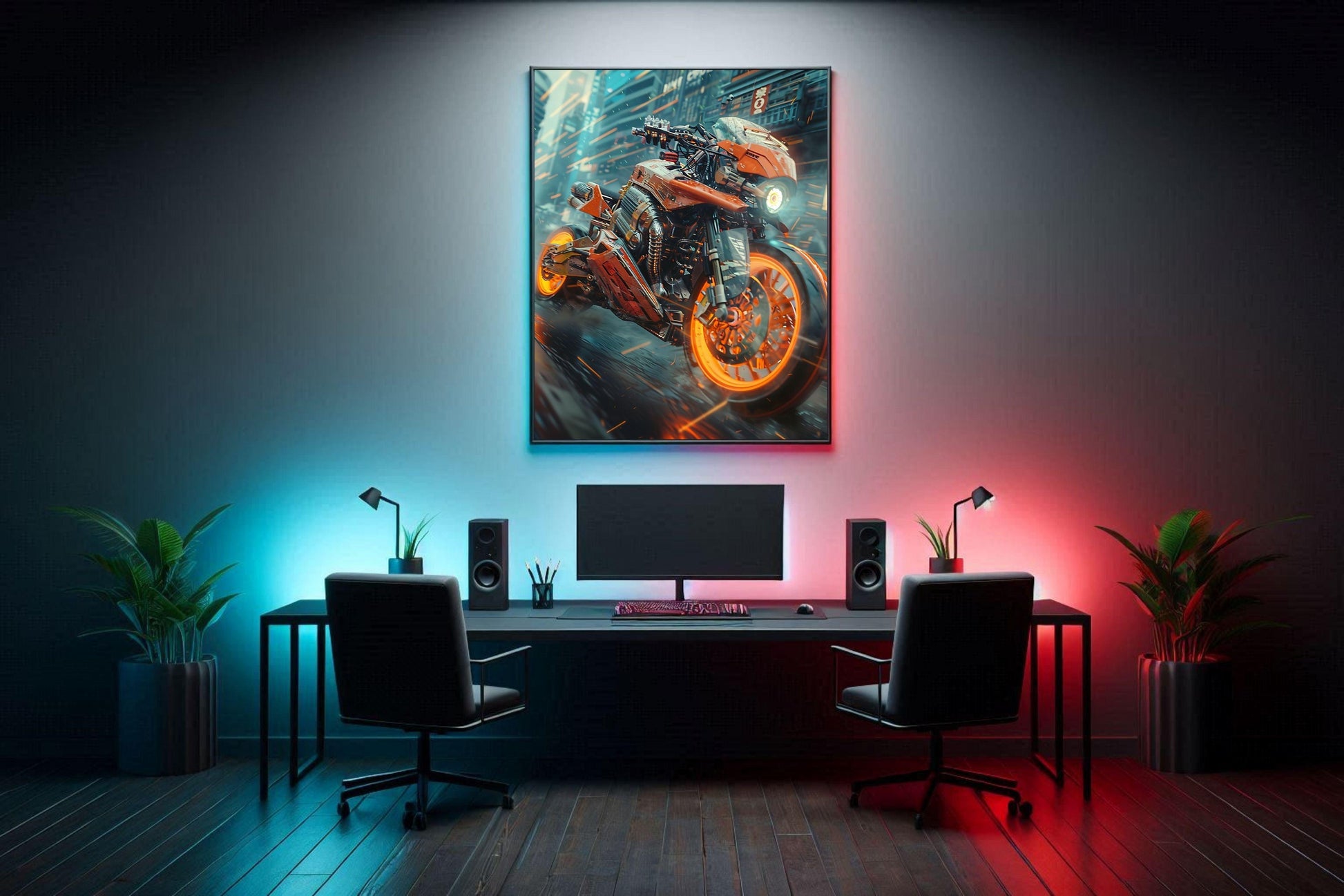 🏍️🏁🔧 Moto Cyberpunk Série futuriste #️⃣10  - (Affiche encadrée métal) - Aura Studio Déco