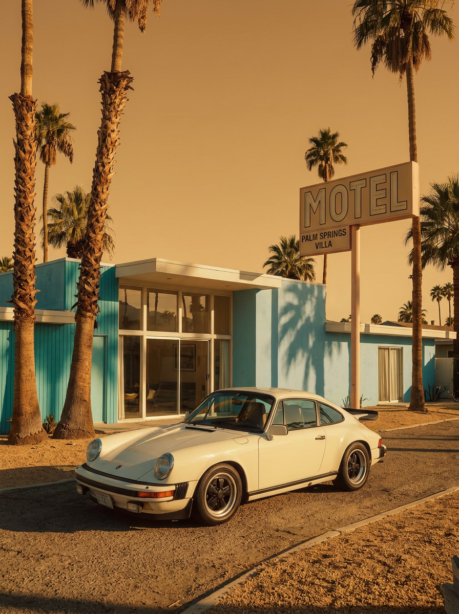 Affiche Porsche 911 devant Motel Vintage – Esprit Road Trip Américain & Architecture Mid-Century | Poster Automobile Rétro