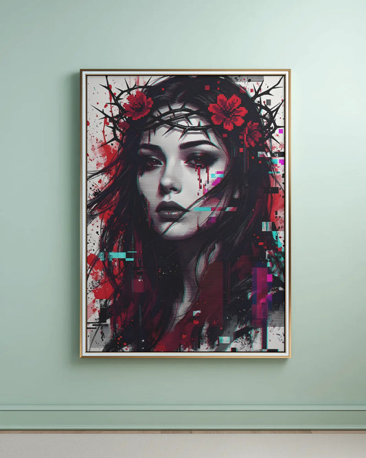 Modern wall art with cyberpunk style, features a woman's portrait and digital glitch effects in a gold frame.