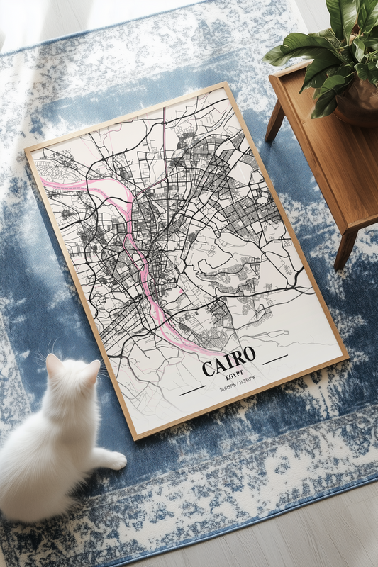 Affiche Carte Ville Minimaliste Cairo Egypt Napolitain – Poster Urbain Moderne Rose & Noir | Décoration Murale Papier Mat