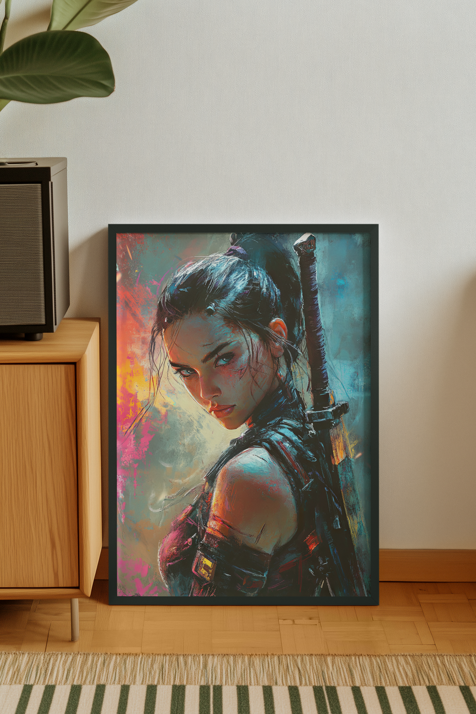Affiche Cyber Girl #39: A large, framed painting of a fierce female warrior in battle-worn armor, leaning against a white wall in a minimalist room.
