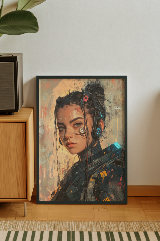 Cyberpunk portrait poster, Affiche Cyber Girl #40, featuring a futuristic woman with mechanical accents, enhancing any modern or industrial space. Frame not included.