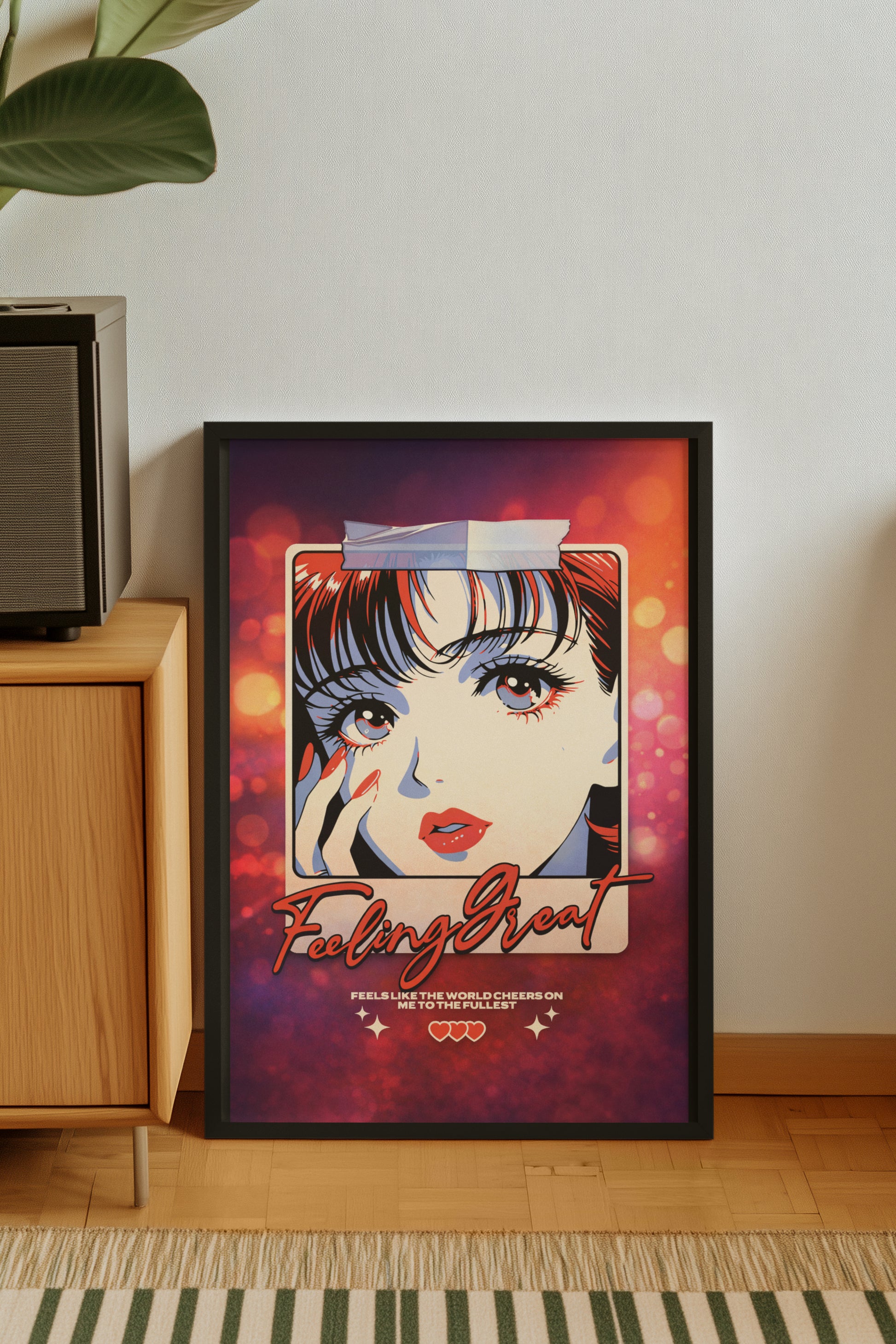 Anime-inspired art print with vibrant neon colors, 'Feeling Great' text, framed on wooden floor.