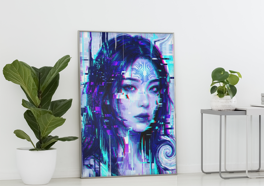 Cyberpunk art poster of a woman's face with neon glitch effects, styled between indoor plants
