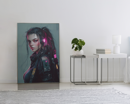 🌃🎮🌐🧬 Affiche Cyber Girl #37 – Art Mural Cyberpunk Futuriste - Aura Studio Déco