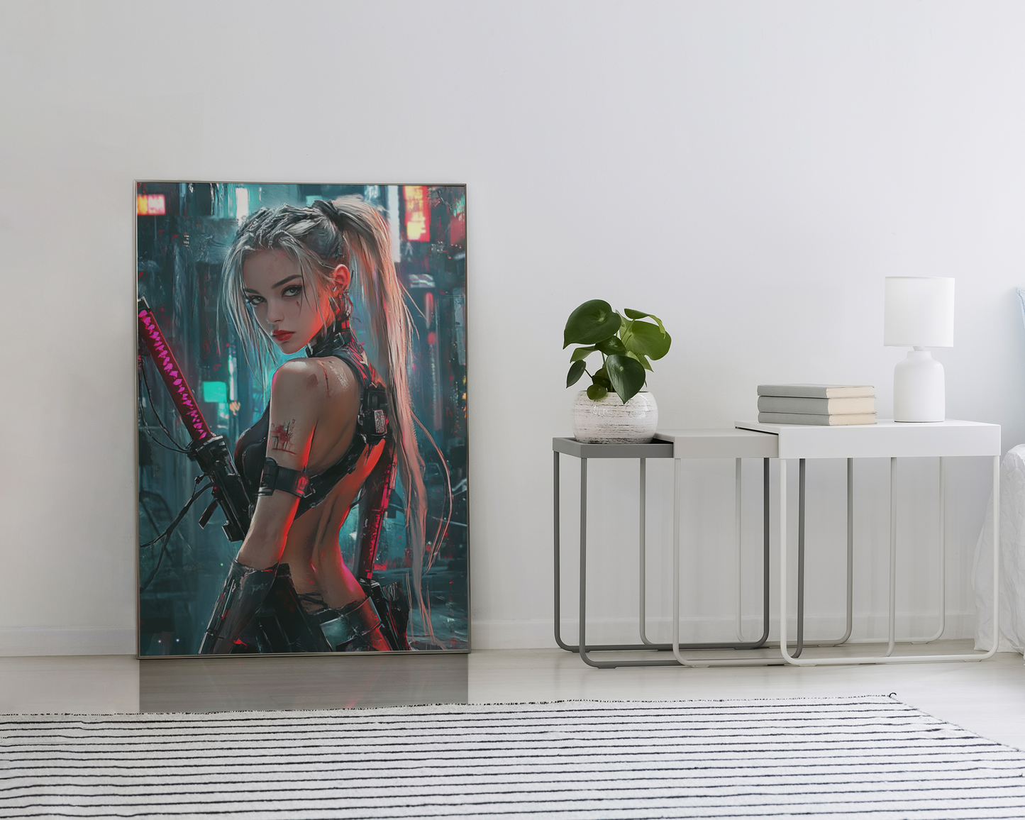 Cybergirl Ultimate War series wall art print featuring a female character with a sword, displayed in a modern room setting.