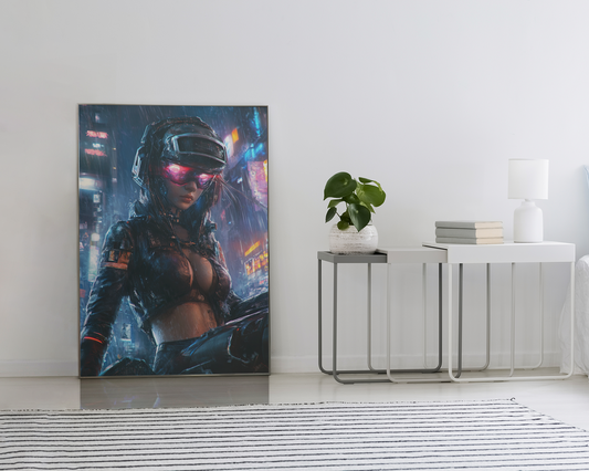 Affiche artistique Cyberpunk War Girl Ultimate Series d'Aura Studio, posée au sol dans une chambre moderne.