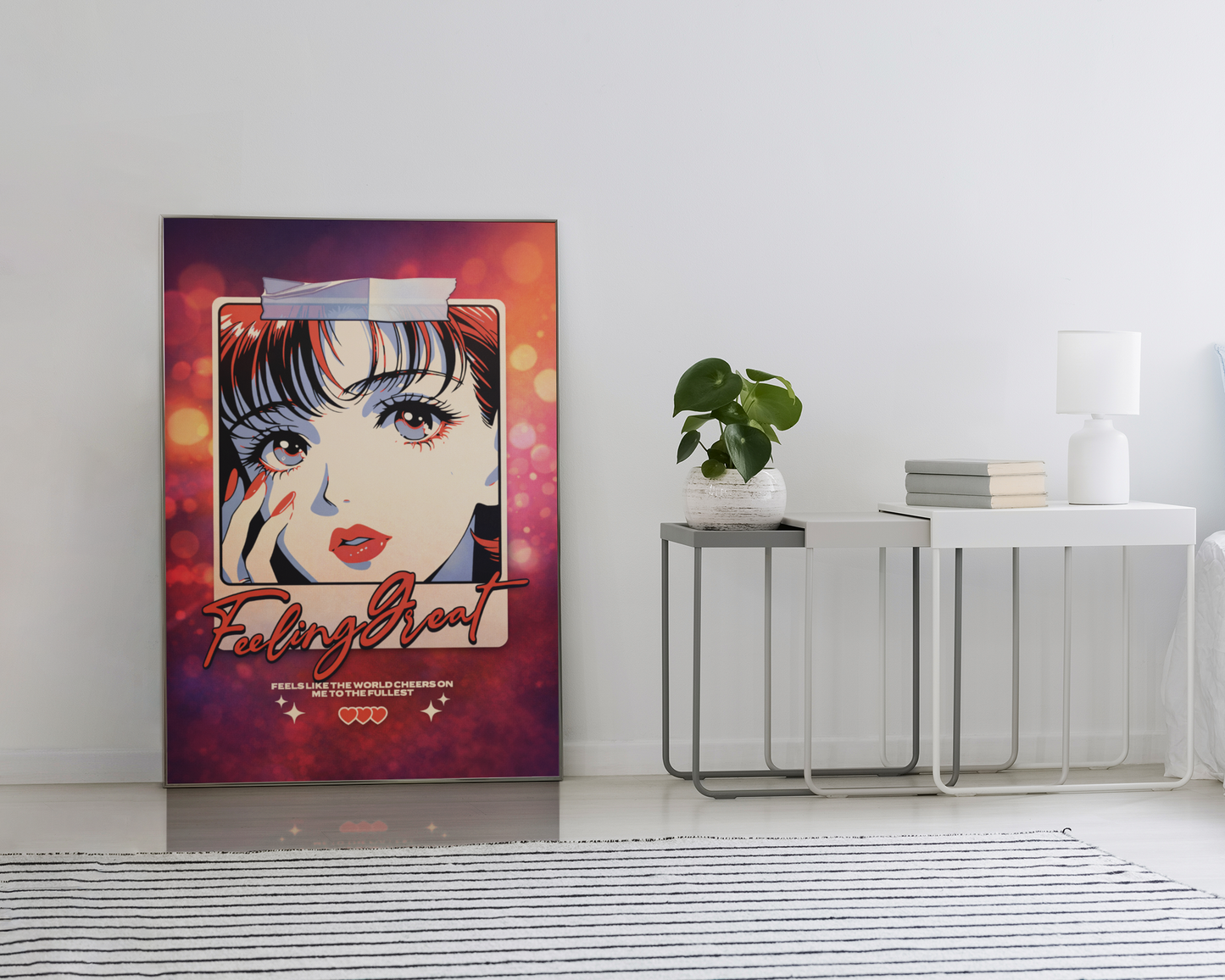 Anime-inspired art print with colorful bokeh background on bedroom floor, modern decor