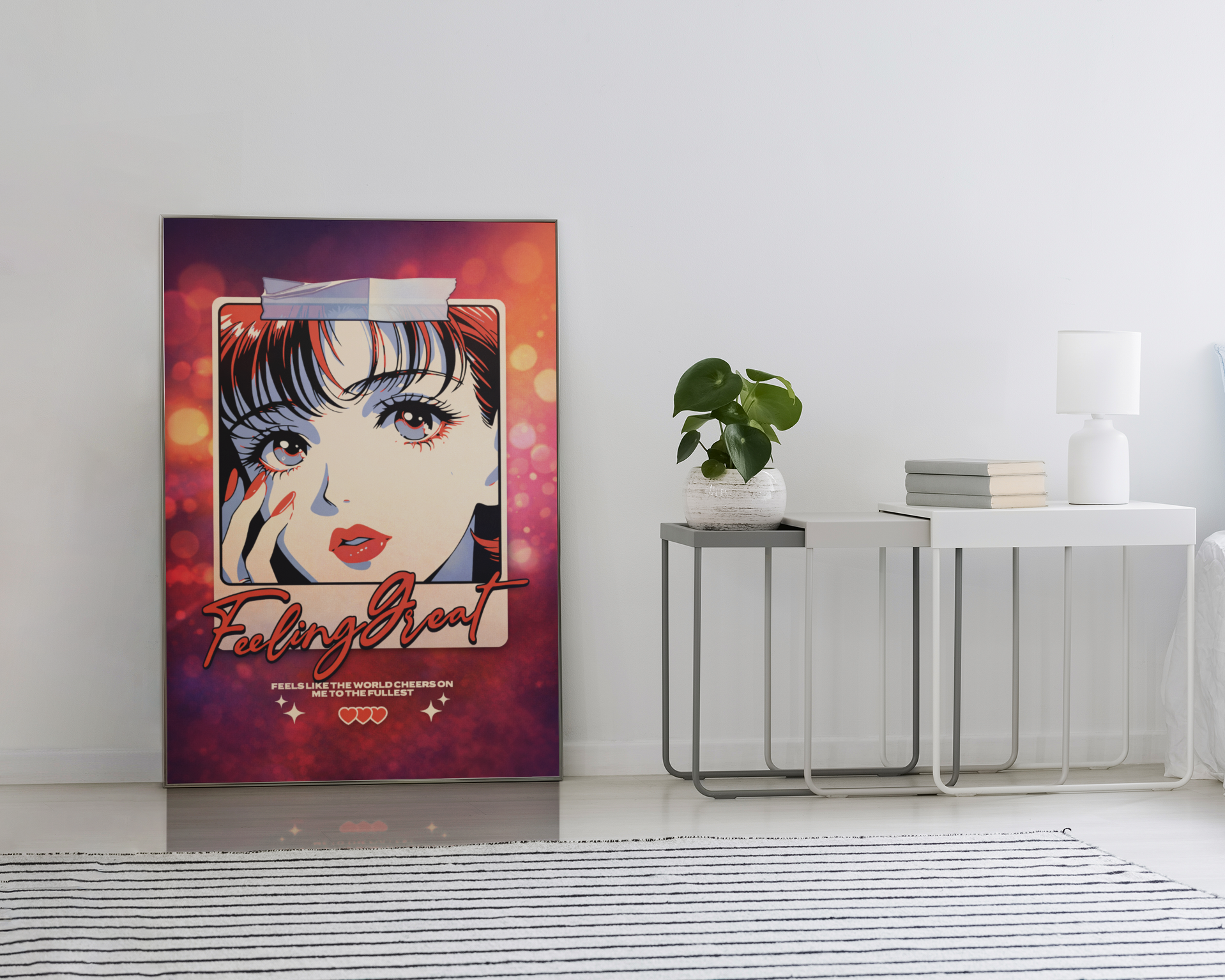 Anime-inspired art print with colorful bokeh background on bedroom floor, modern decor