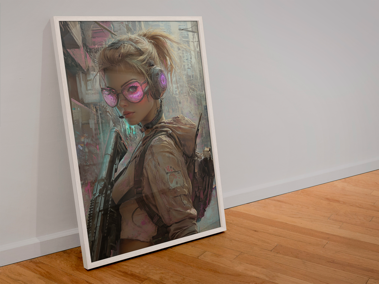 Impression CYBER GIRL ULTIMATE SERIE, affiche d'art imprimée d'Aura Studio, posée sur un sol en bois.