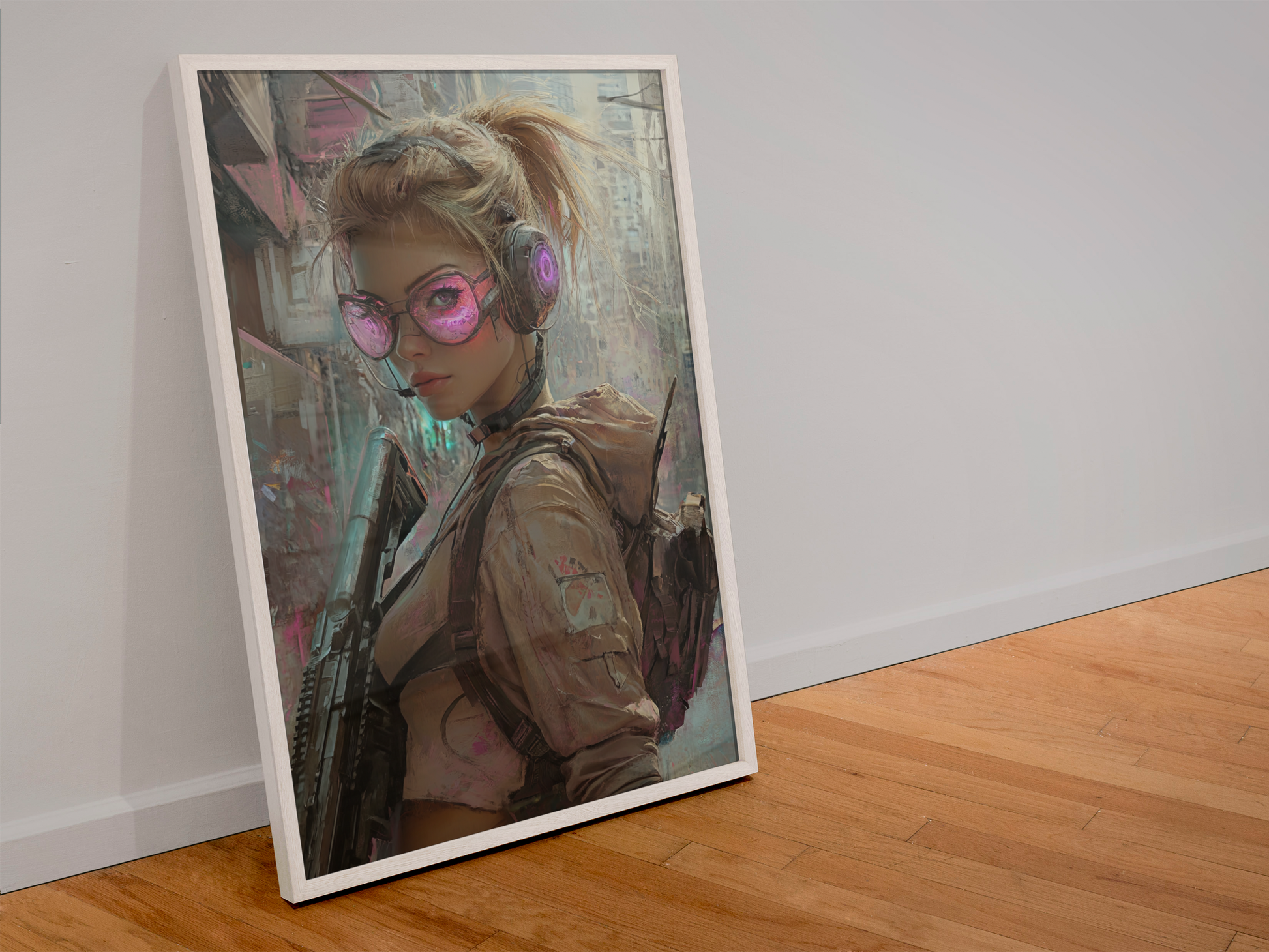 Impression CYBER GIRL ULTIMATE SERIE, affiche d'art imprimée d'Aura Studio, posée sur un sol en bois.