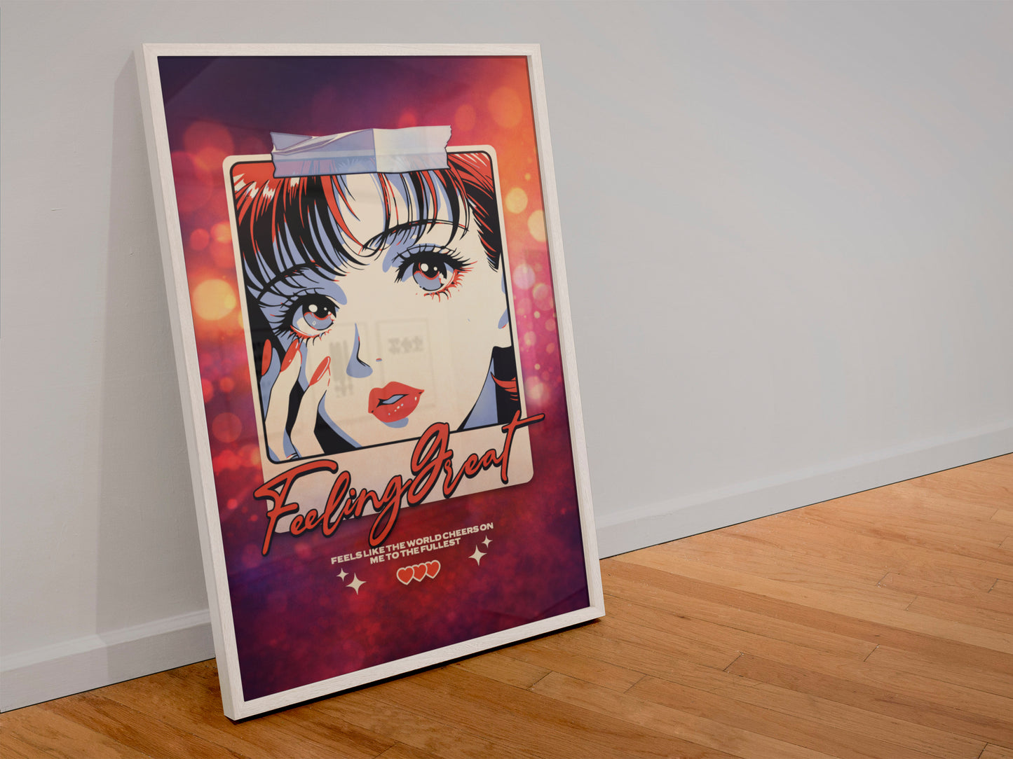 Framed anime art print with vibrant colors and 'Feeling Great' text on wooden floor