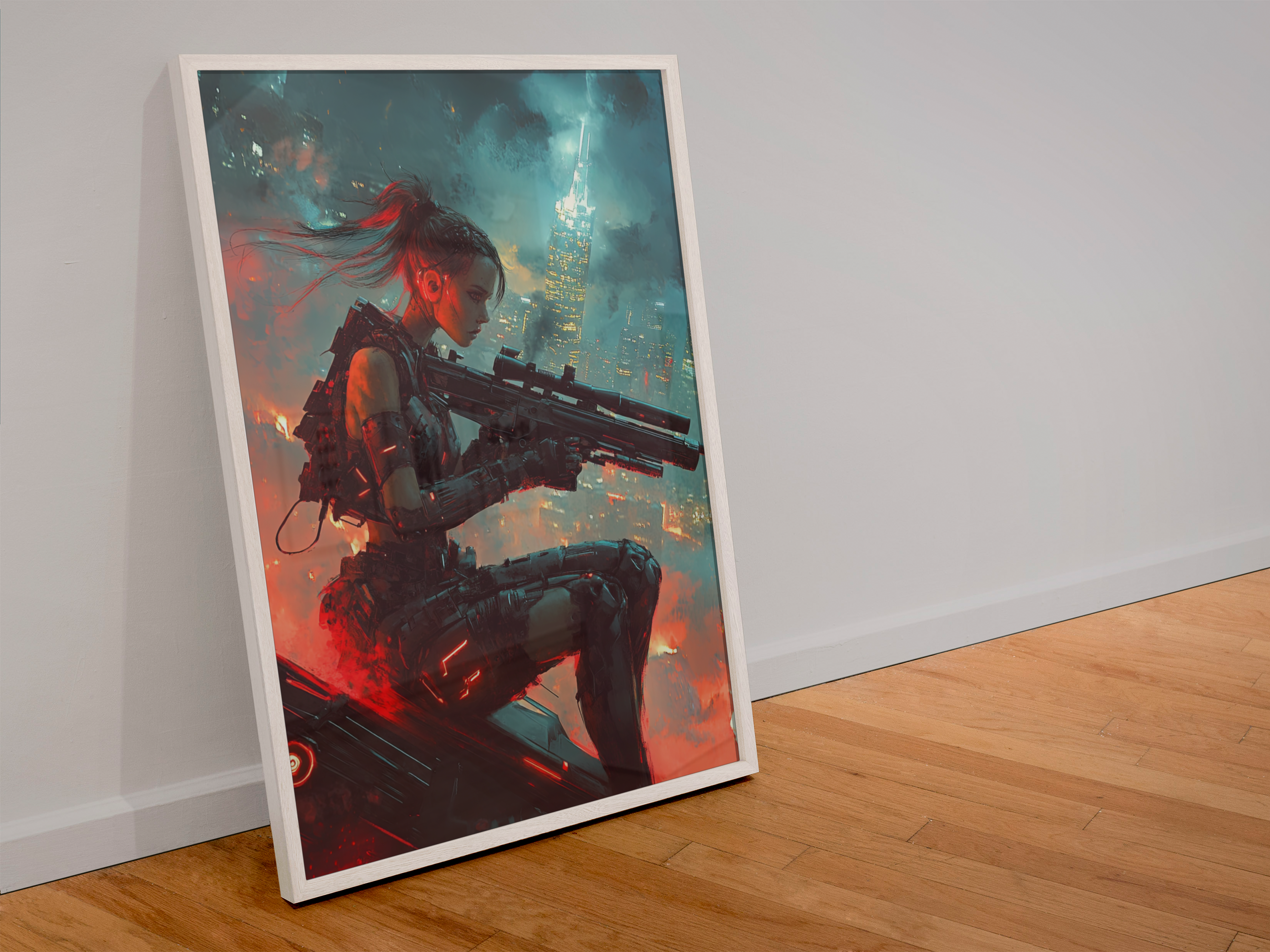 Affiche murale Cyberpunk Girl Ultimate Série 17 d'Aura Studio, impression artistique sur sol en bois, style futuriste et coloré.