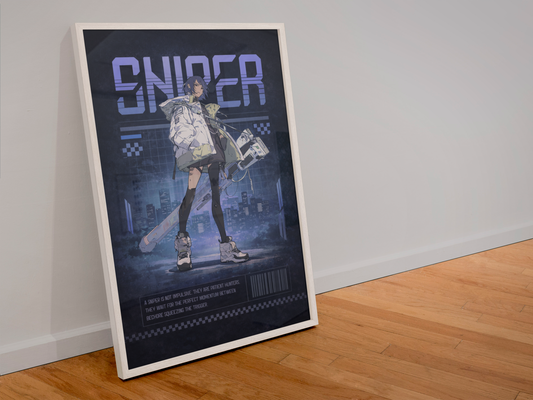 Impression d'art de la collection Neo Tokyo d'Aura Studio, image d'une affiche anime japonaise sur un sol en bois.