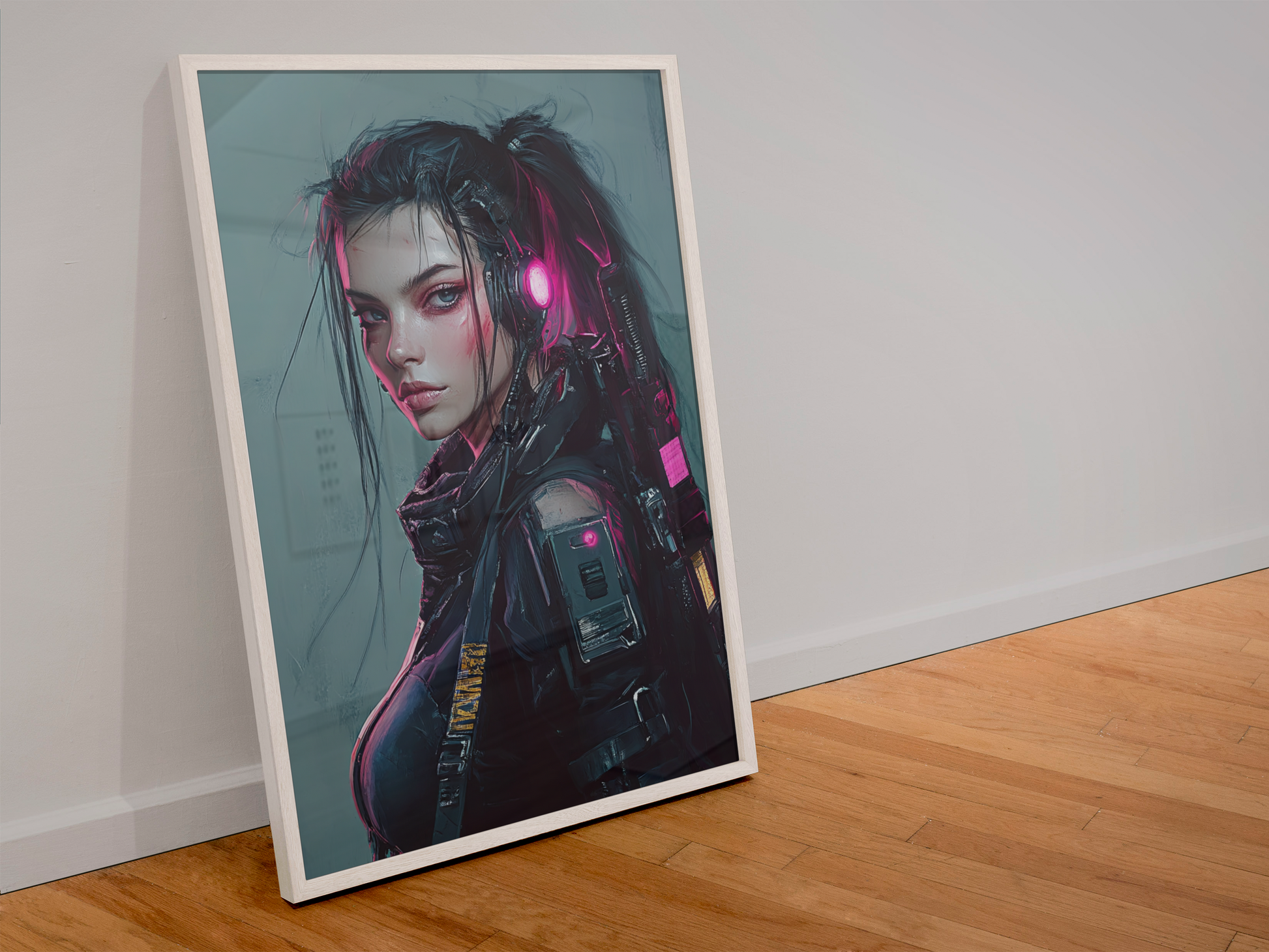 Affiche mural Cyber Girl #37 d'Aura Studio, art cyberpunk futuriste imprimée sur support en bois, illustrant un style futuriste et numérique.