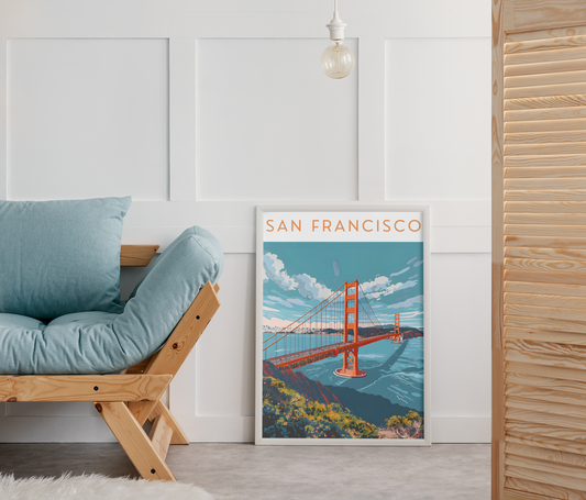 San Francisco art print with Golden Gate Bridge, leaning against white wall by wooden sofa