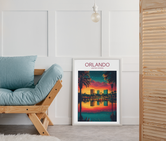 Framed art print of Orlando cityscape with vibrant sunset colors, placed on the floor by a modern wooden sofa in a stylish living room.