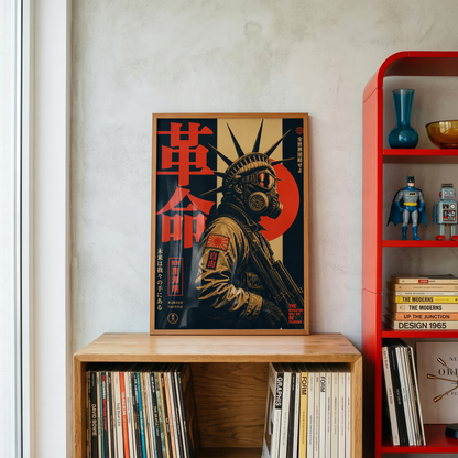 Cyberpunk Gas Mask Poster, Neo Tokyo Wall Art, Dystopian Futuristic Print, Retro Japanese Propaganda Decor