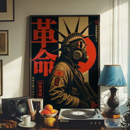 Cyberpunk Gas Mask Poster, Neo Tokyo Wall Art, Dystopian Futuristic Print, Retro Japanese Propaganda Decor