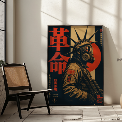 Cyberpunk Gas Mask Poster, Neo Tokyo Wall Art, Dystopian Futuristic Print, Retro Japanese Propaganda Decor
