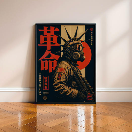 Cyberpunk Gas Mask Poster, Neo Tokyo Wall Art, Dystopian Futuristic Print, Retro Japanese Propaganda Decor
